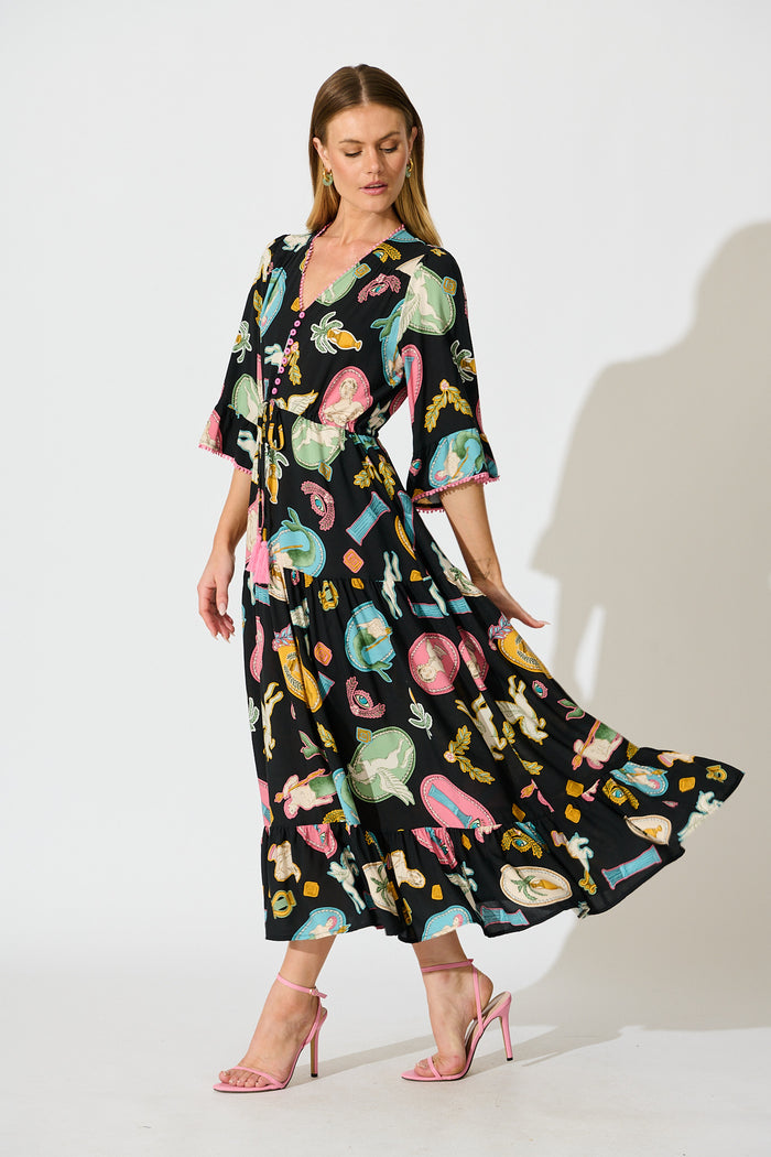 Kelsey Midi Dress in Black with Multi Print side