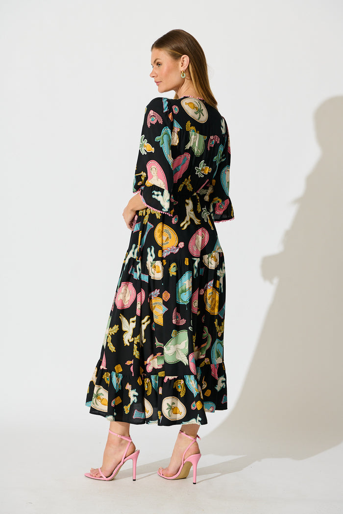 Kelsey Midi Dress in Black with Multi Print back