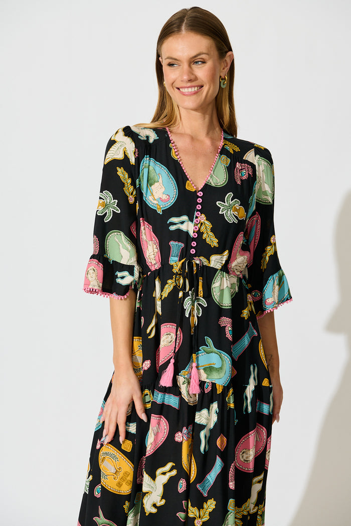 Kelsey Midi Dress in Black with Multi Print front