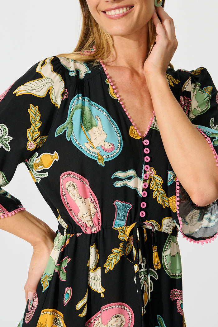 Kelsey Midi Dress in Black with Multi Print detail