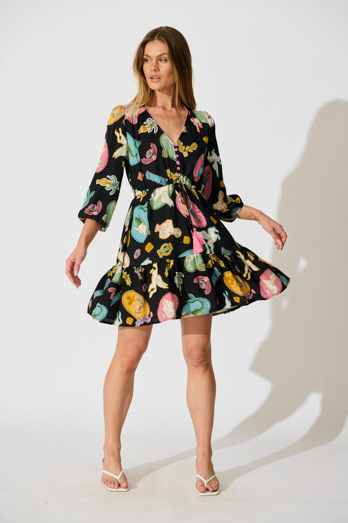 Ailany Dress in Black with Multi Print full length