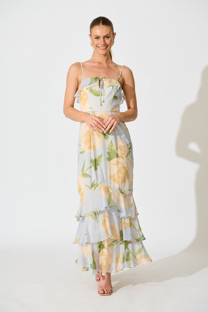 Ondina Maxi Dress in Blue Floral Chiffon full length