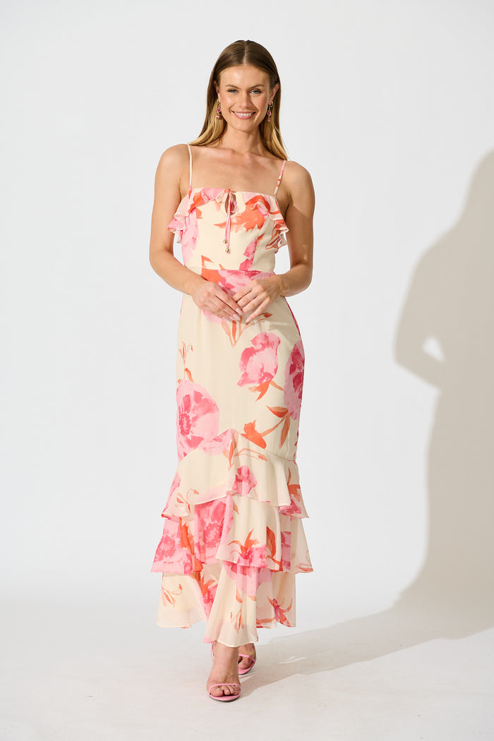 Ondina Maxi Dress in Pink Floral Chiffon full length