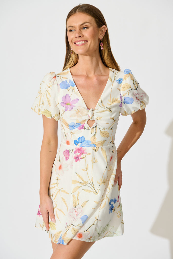 Devika Dress in White with Blue Floral front