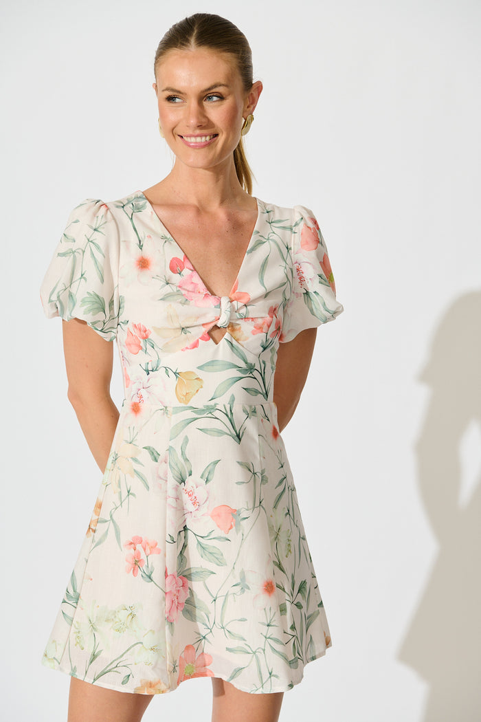 Devika Dress in White with Peach Floral front
