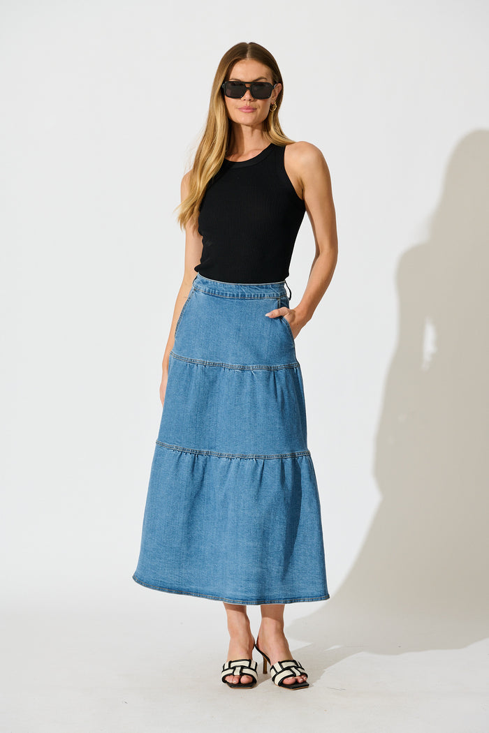 Marlon Maxi Denim Skirt in Blue full length