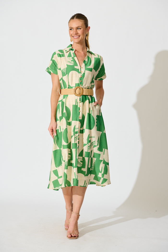 Charli Midi Shirt Dress in Green Geometric Print with Belt full length