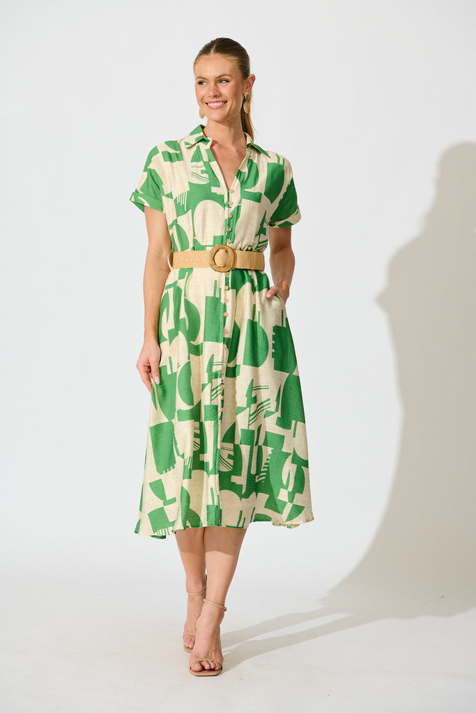 Charli Midi Shirt Dress in Green Geometric Print with Belt full length