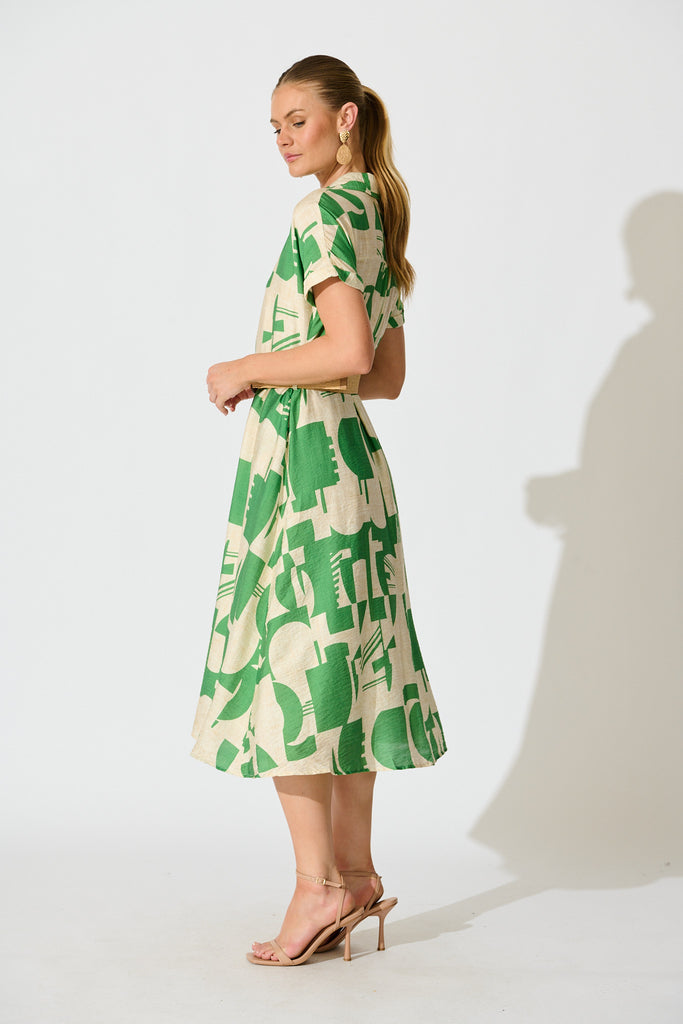 Charli Midi Shirt Dress in Green Geometric Print with Belt side