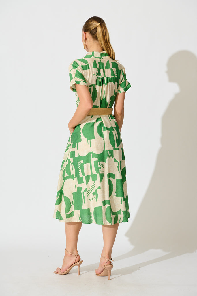 Charli Midi Shirt Dress in Green Geometric Print with Belt back