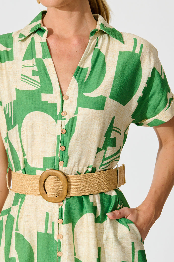 Charli Midi Shirt Dress in Green Geometric Print with Belt detail