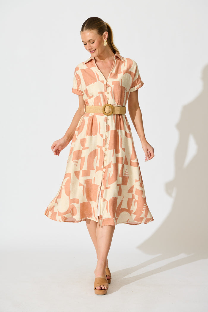 Charli Midi Dress in Rust Geometric Print with Belt full length