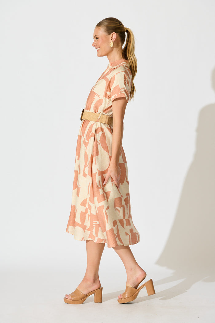 Charli Midi Dress in Rust Geometric Print with Belt side