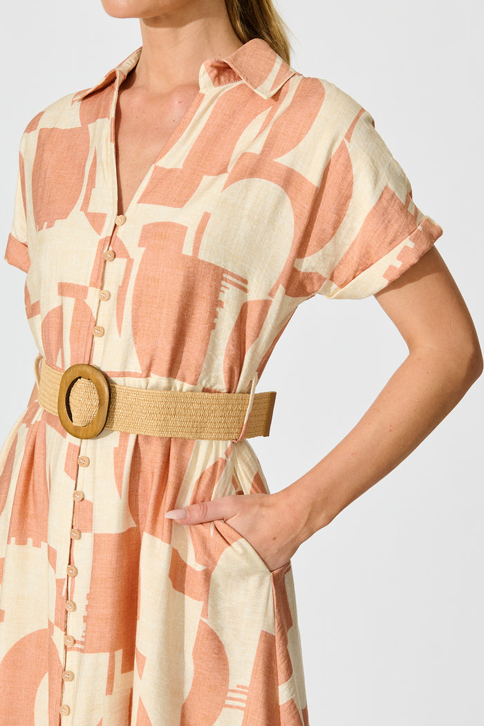 Charli Midi Dress in Rust Geometric Print with Belt detail