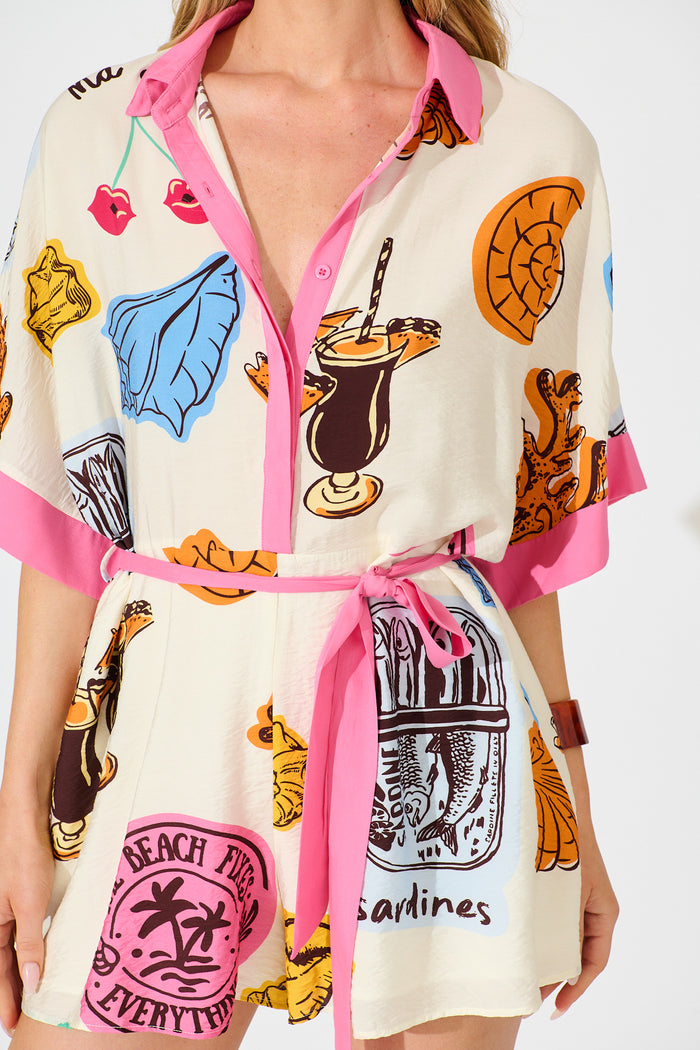 Aluna Playsuit in White with Pink and Multi Print detail