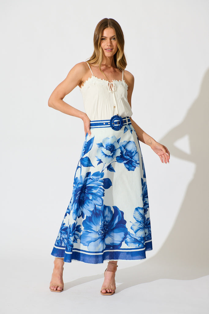 Jannie Maxi Skirt in Blue Floral Border Print Cotton full length