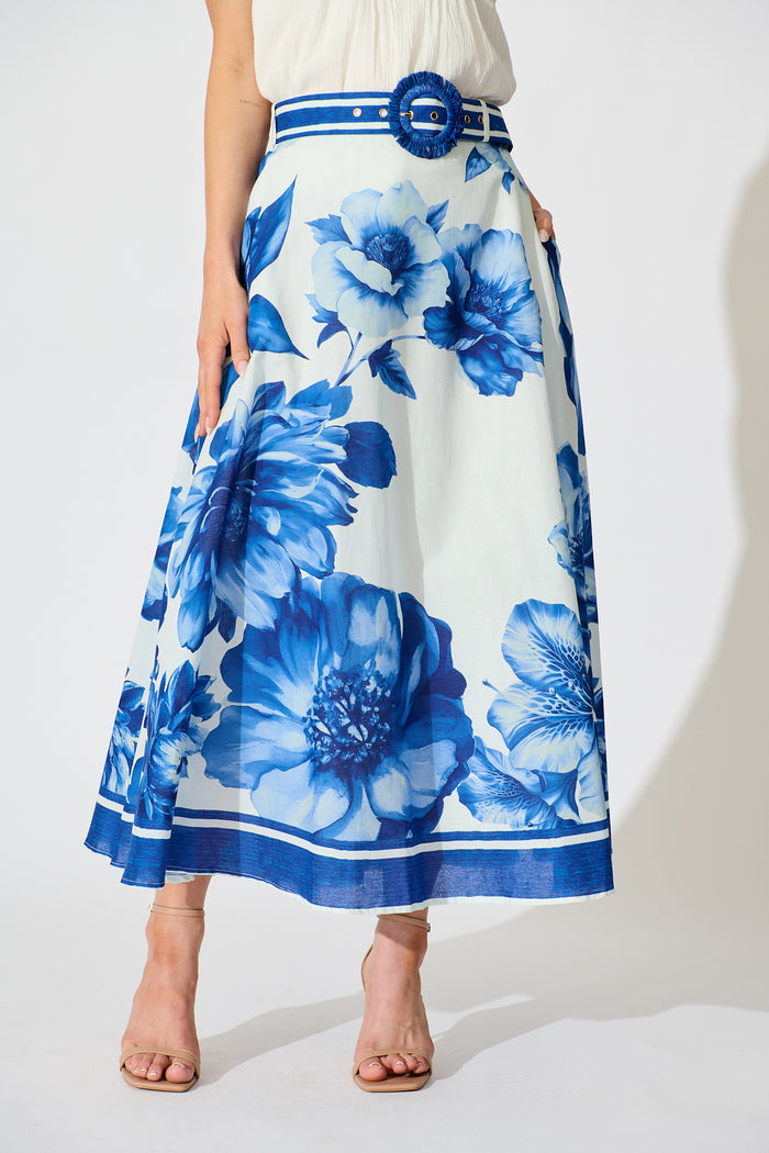 Jannie Maxi Skirt in Blue Floral Border Print Cotton front