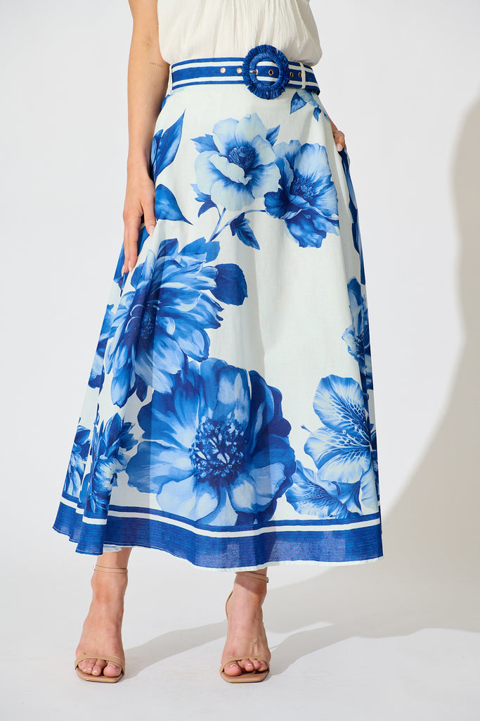 Jannie Maxi Skirt in Blue Floral Border Print Cotton front