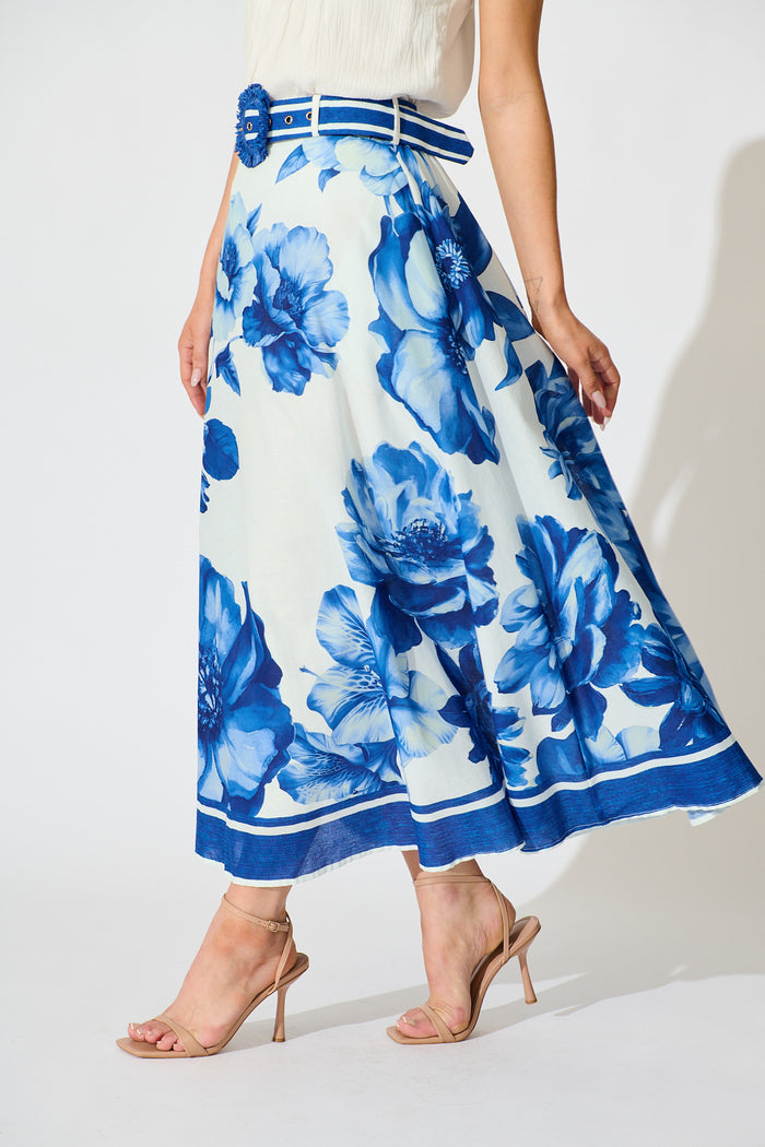Jannie Maxi Skirt in Blue Floral Border Print Cotton side