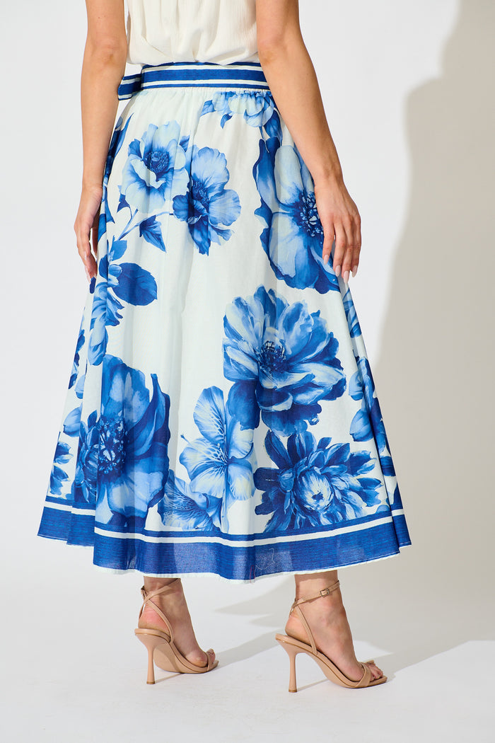 Jannie Maxi Skirt in Blue Floral Border Print Cotton back