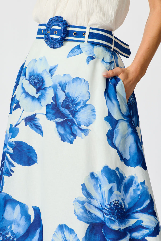 Jannie Maxi Skirt in Blue Floral Border Print Cotton detail