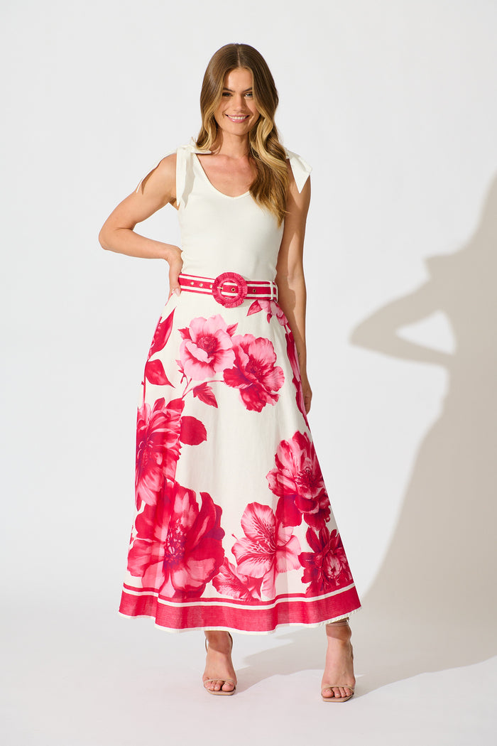 Jannie Maxi Skirt in Pink Floral Border Print Cotton full length