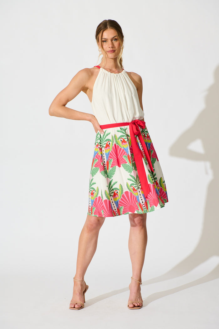 Linley Dress in White with Red Multi Tropical Print full length