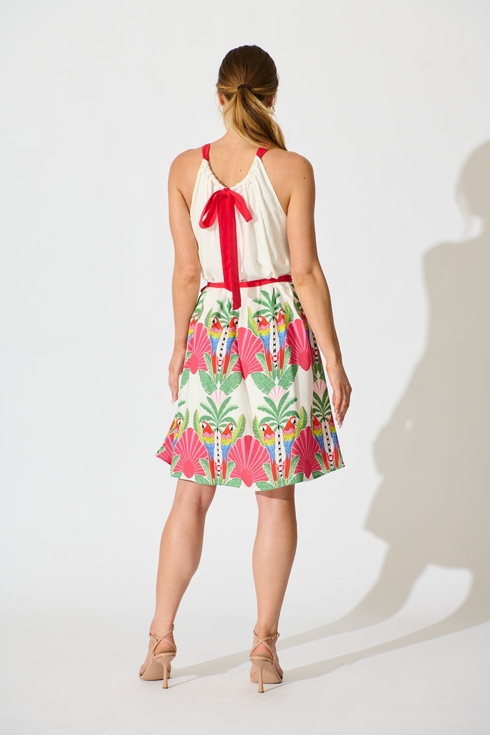 Linley Dress in White with Red Multi Tropical Print back