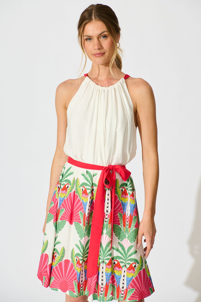 Linley Dress in White with Red Multi Tropical Print front