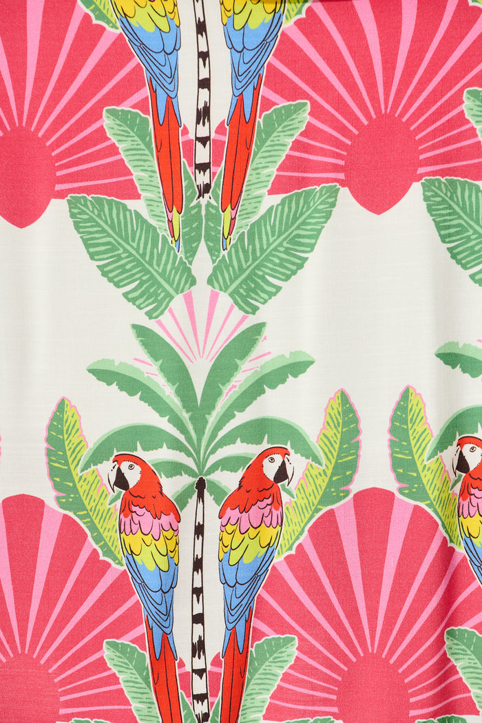 Linley Dress in White with Red Multi Tropical Print fabric