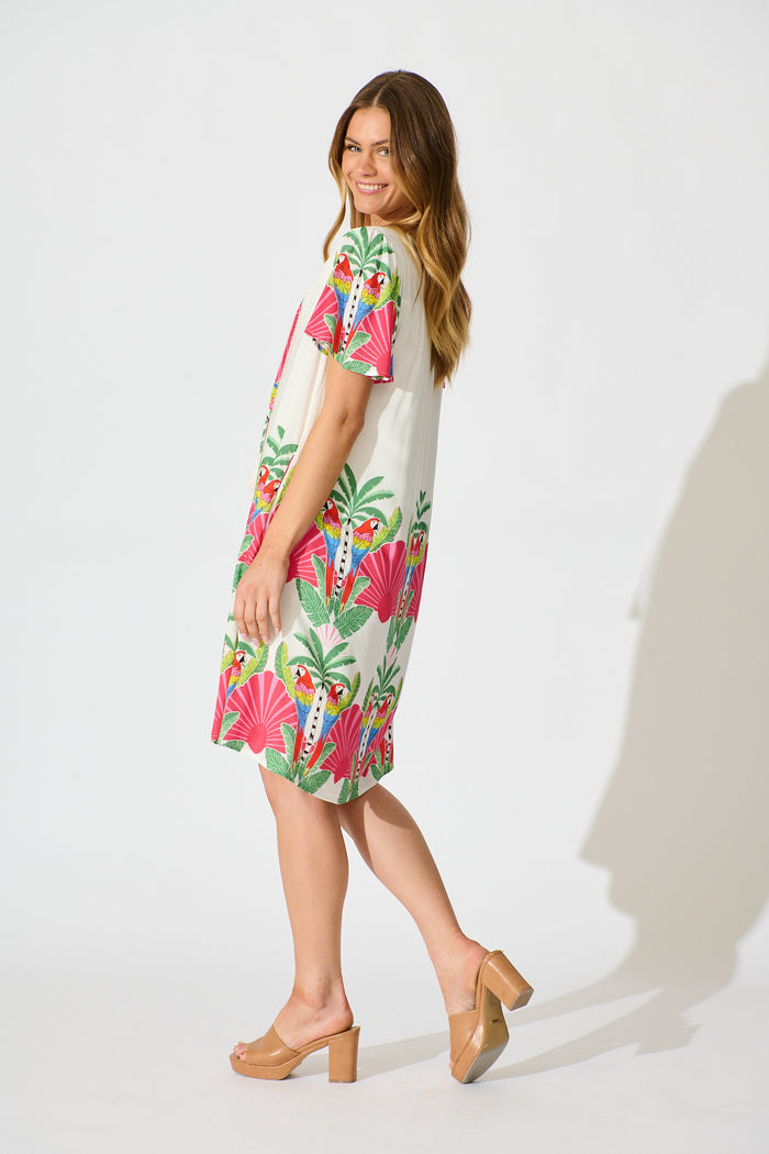 Aere Dress in White with Red Multi Tropical Print side