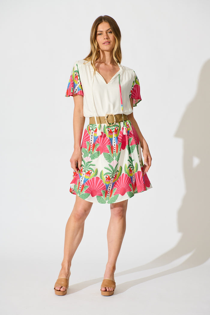 Aere Dress in White with Red Multi Tropical Print full length