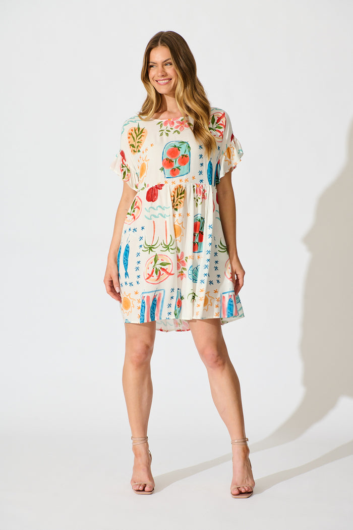 Escape Smock Dress in Cream with Multi Conversational Print full length