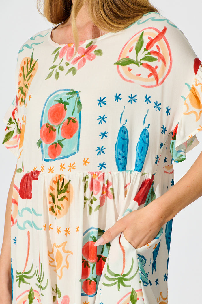 Escape Smock Dress in Cream with Multi Conversational Print detail