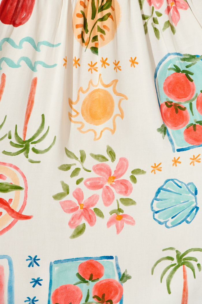 Escape Smock Dress in Cream with Multi Conversational Print fabric