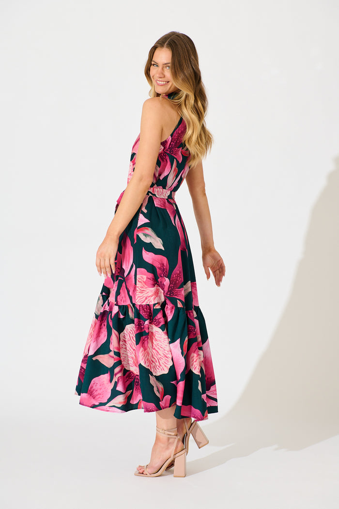 Petal Whisper Maxi Dress in Emerald with Pink Floral side