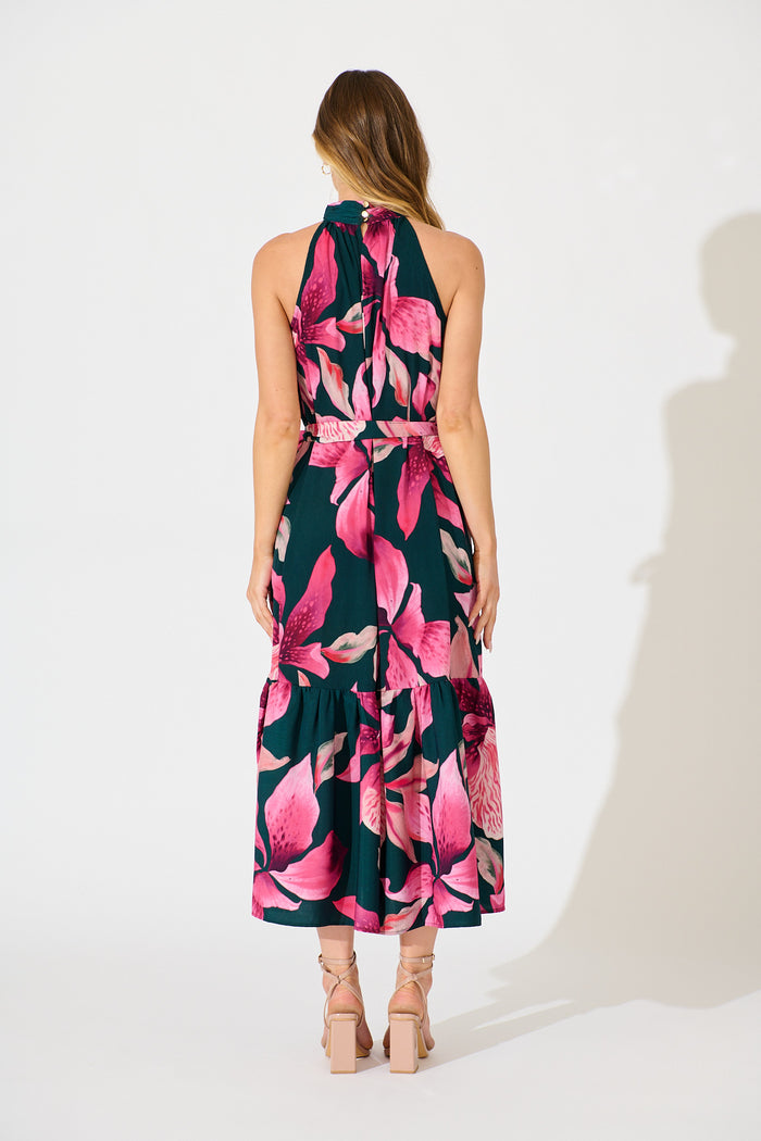 Petal Whisper Maxi Dress in Emerald with Pink Floral back