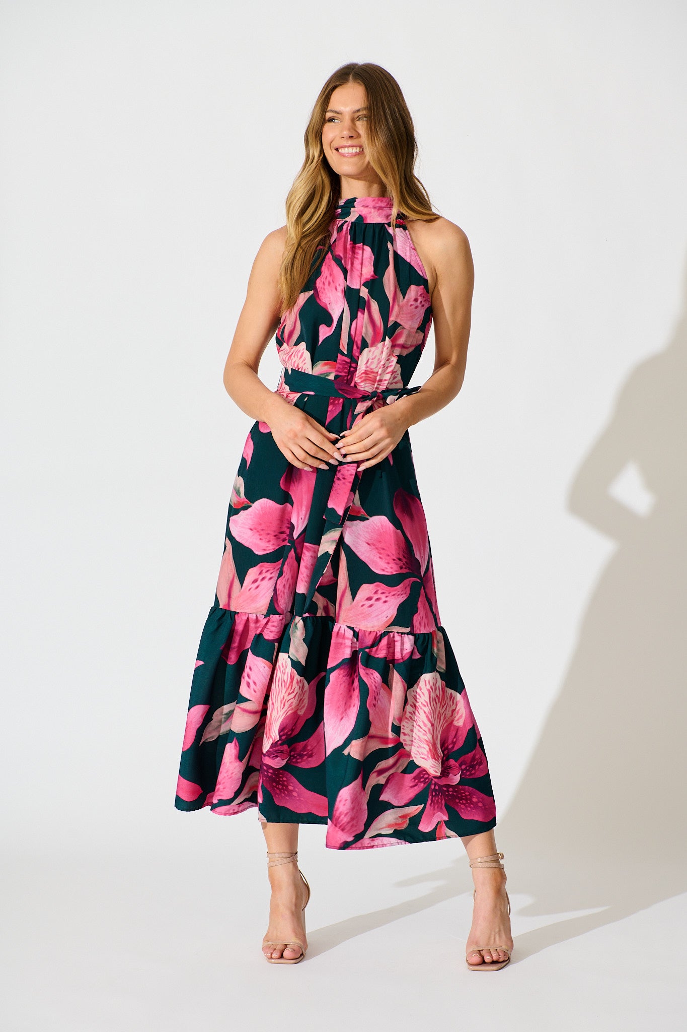 Petal Whisper Maxi Dress in Emerald with Pink Floral full length