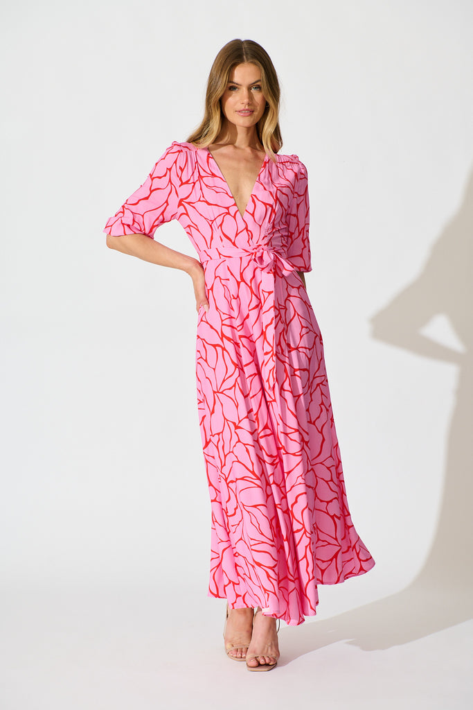 Ronda Maxi Wrap Dress in Pink Geometric Print full length