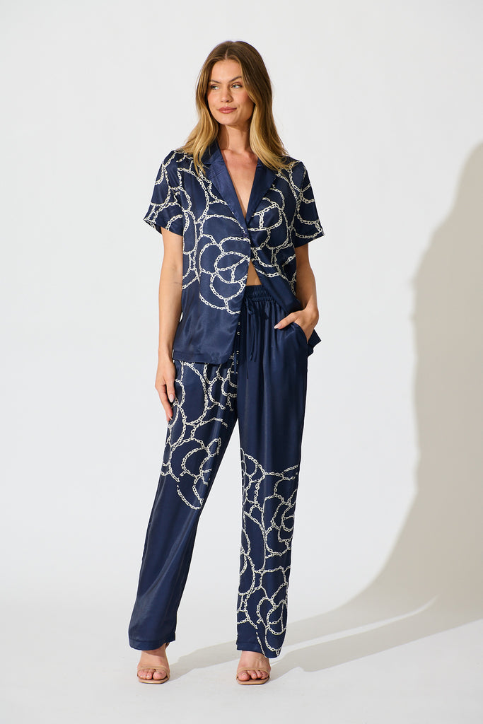 Zoi Shirt in Navy Floral Satin full length set