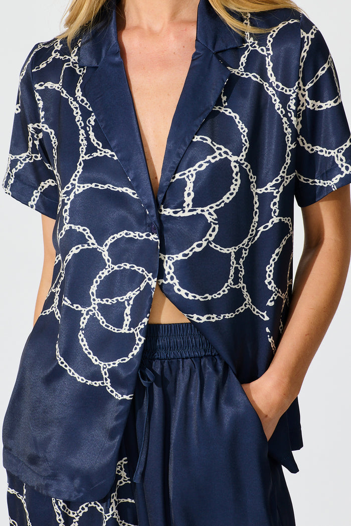 Zoi Shirt in Navy Floral Satin detail