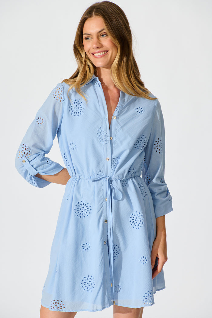 Harlie Shirt Dress in Blue Broderie Cotton front