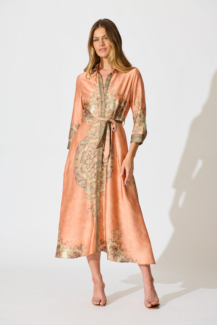 Ellen Midi Shirt Dress in Terracotta  with Multi Placement Satin full length