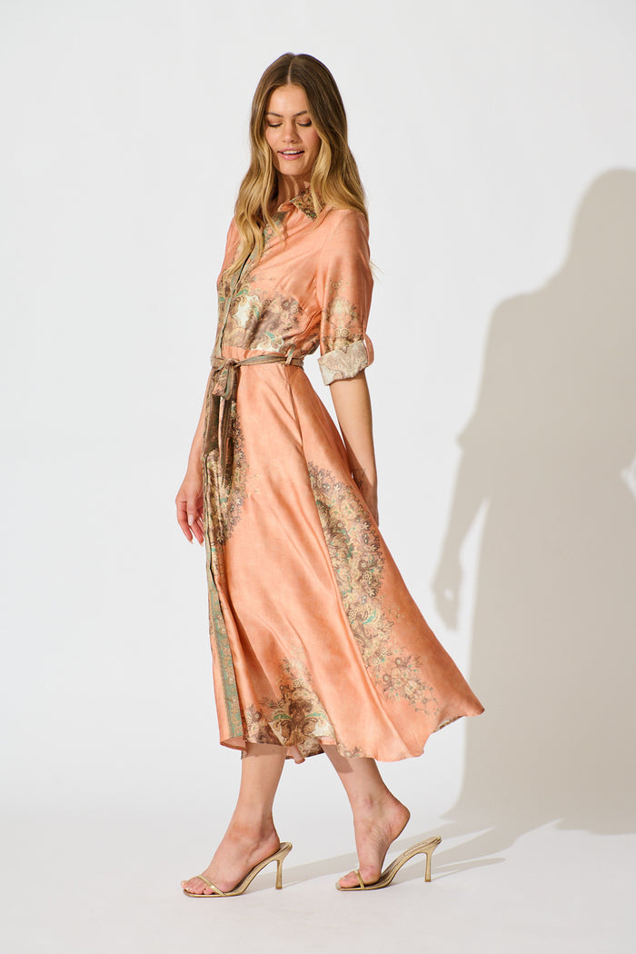 Ellen Midi Shirt Dress in Terracotta  with Multi Placement Satin side
