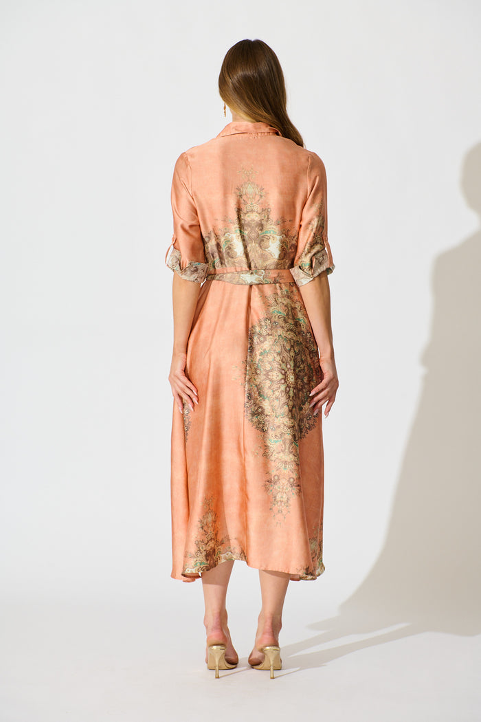Ellen Midi Shirt Dress in Terracotta  with Multi Placement Satin back