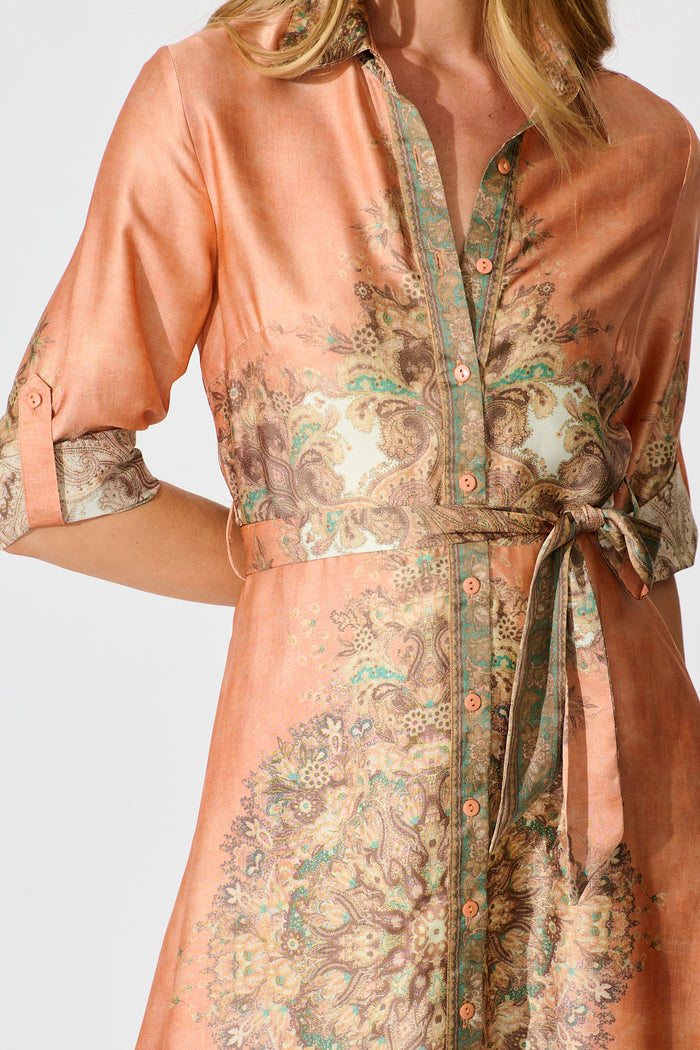 Ellen Midi Shirt Dress in Terracotta  with Multi Placement Satin detail