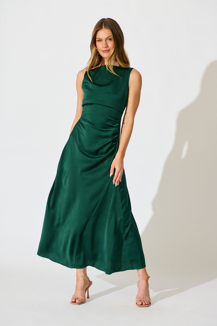 Ensley Maxi Dress in Emerald Satin full length
