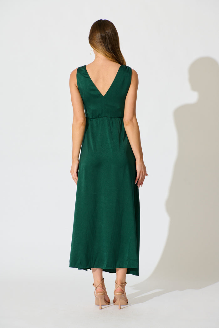 Ensley Maxi Dress in Emerald Satin back