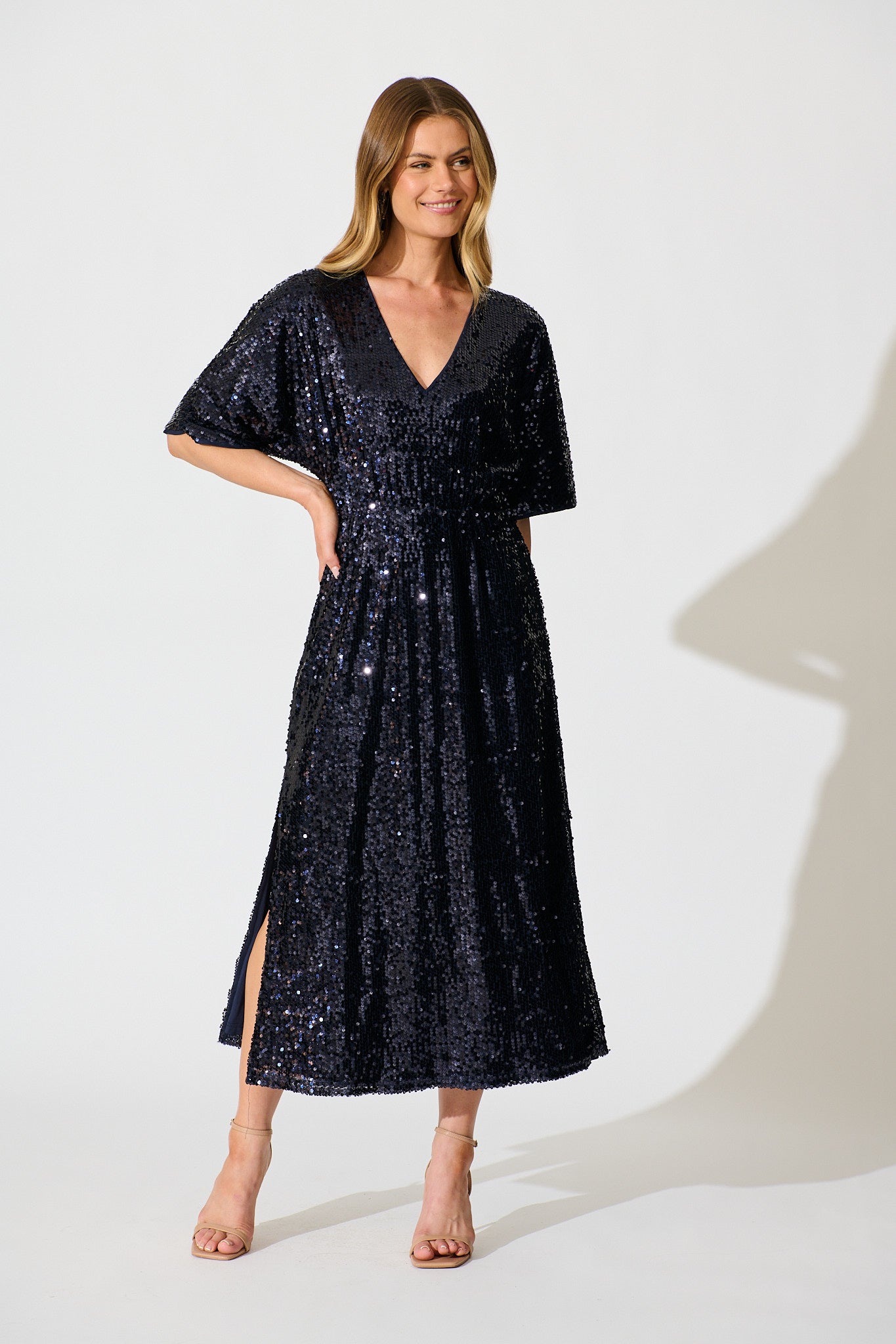 Moonbeam Maxi Dress in Navy Sequin full length