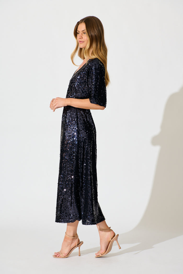 Moonbeam Maxi Dress in Navy Sequin side